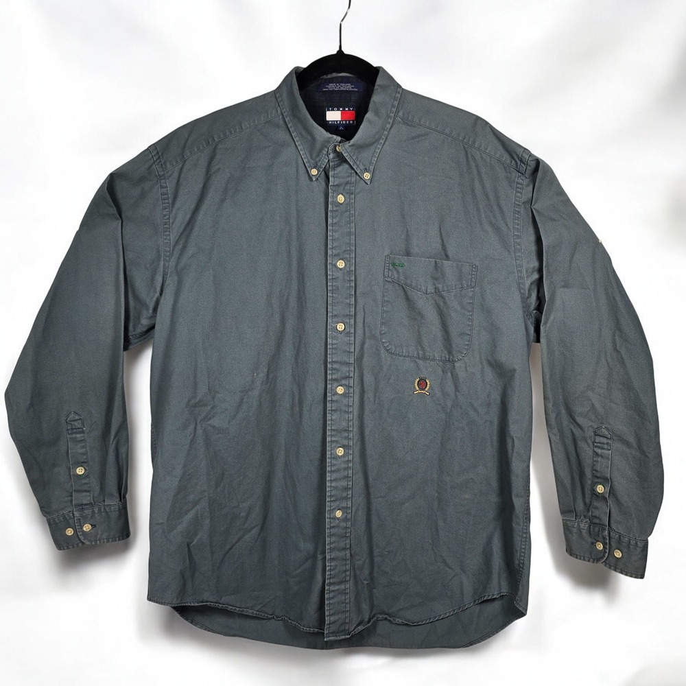 VTG Tommy Hilfiger Button Down Shirt Men Large Gray Embroidered‎ Logo Work Shirt